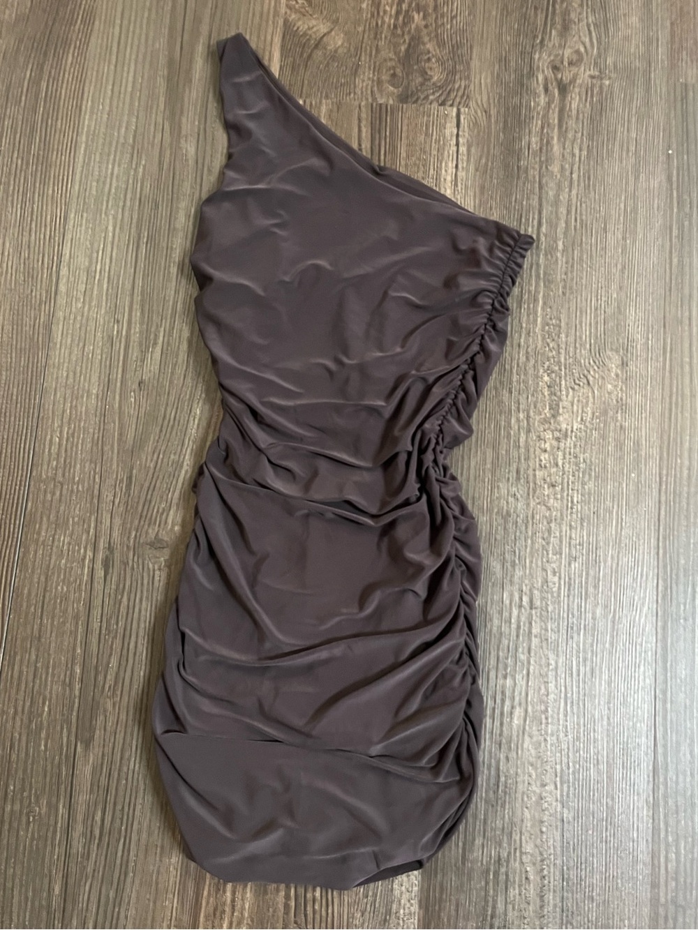Olivaceous Brown One Shoulder Mini Dress | Ruched Sides | Size: Small